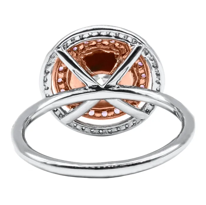 Rings Fire Brilliance 8mm Round Moissanite Diamond Pink Sapphire 14k Gold Double Halo Ring