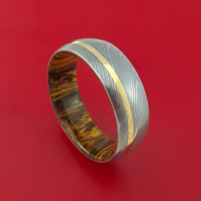 Rings Lashbrook Damascus Steel Ring with 14k Yellow Gold Inlay and Interior Hardwood Sleeve Custom Made Band Rings Lashbrook Damascus Steel Ring with 14k Yellow Gold Inlay and Interior Hardwood Sleeve Custom Made Band