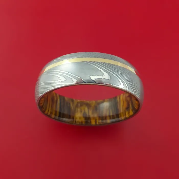 Rings Lashbrook Damascus Steel Ring with 14k Yellow Gold Inlay and Interior Hardwood Sleeve Custom Made Band Rings Lashbrook Damascus Steel Ring with 14k Yellow Gold Inlay and Interior Hardwood Sleeve Custom Made Band