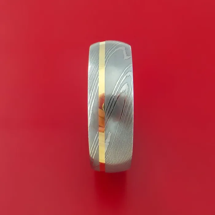 Rings Lashbrook Damascus Steel Ring with 14k Yellow Gold Inlay and Interior Hardwood Sleeve Custom Made Band Rings Lashbrook Damascus Steel Ring with 14k Yellow Gold Inlay and Interior Hardwood Sleeve Custom Made Band