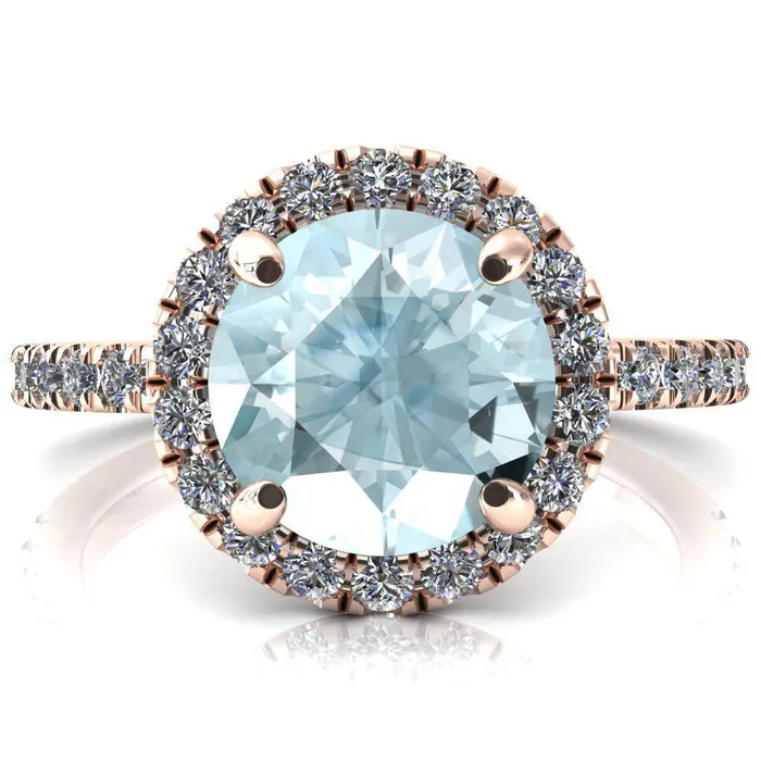Talia Round Aqua Blue Spinel 4 Prong Halo 58 Micropave Engagement Ring Fire Brilliance Rings