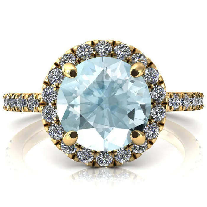 Talia Round Aqua Blue Spinel 4 Prong Halo 58 Micropave Engagement Ring Fire Brilliance Rings