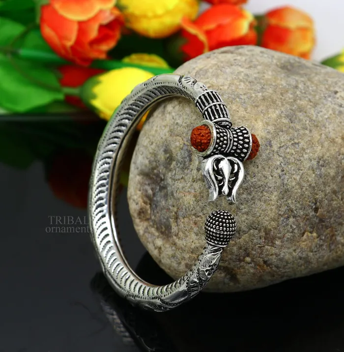 TRIBAL ORNAMENTS 925 Sterling silver handmade Lord Shiva trident trishul kada Bahubali bracelet with Rudraksha beads customized Mahadeva trident kada nsk445 Bracelets TRIBAL ORNAMENTS 925 Sterling silver handmade Lord Shiva trident trishul kada Bahubali bracelet with Rudraksha beads customized Mahadeva trident kada nsk445 Bracelets
