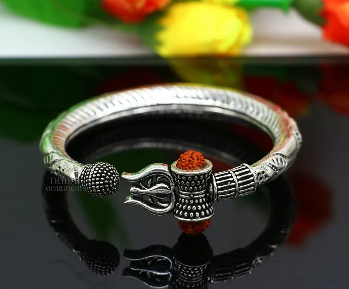 TRIBAL ORNAMENTS 925 Sterling silver handmade Lord Shiva trident trishul kada Bahubali bracelet with Rudraksha beads customized Mahadeva trident kada nsk445 Bracelets TRIBAL ORNAMENTS 925 Sterling silver handmade Lord Shiva trident trishul kada Bahubali bracelet with Rudraksha beads customized Mahadeva trident kada nsk445 Bracelets
