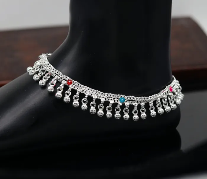 TRIBAL ORNAMENTS Bracelets 10 Sterling silver handmade double chain anklets bracelet best jingling noisy ankles feet bracelet charm belly dance jewelry india ank259