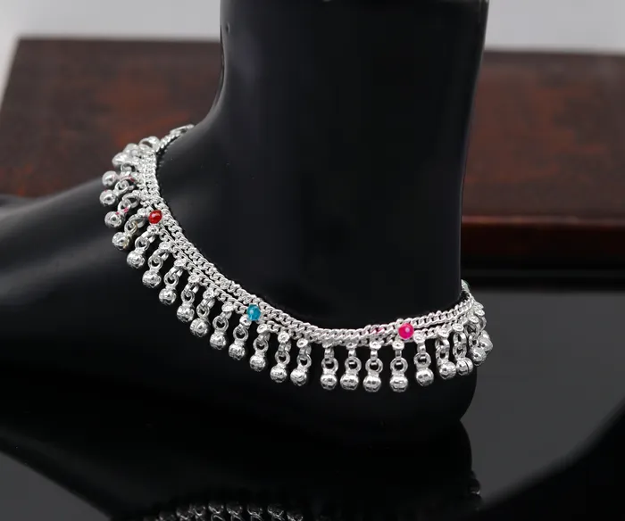TRIBAL ORNAMENTS Bracelets 10 Sterling silver handmade double chain anklets bracelet best jingling noisy ankles feet bracelet charm belly dance jewelry india ank259