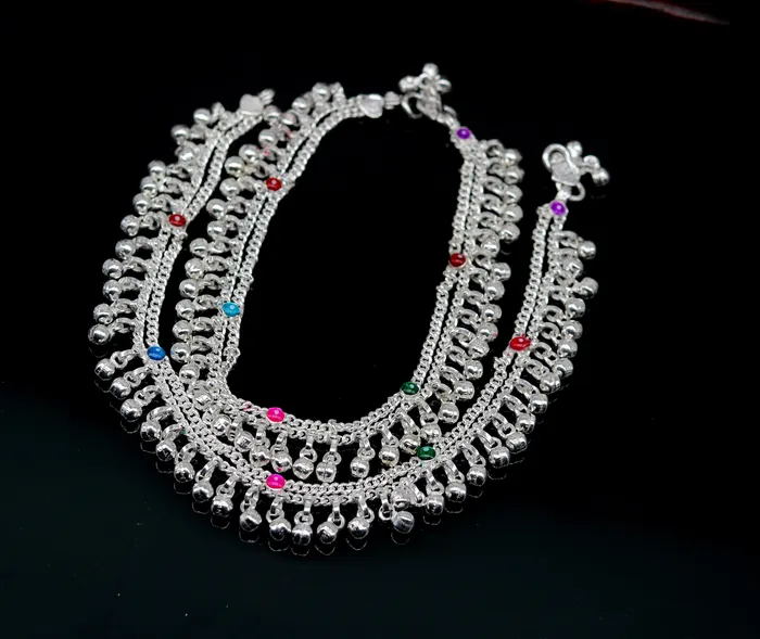TRIBAL ORNAMENTS Bracelets 10 Sterling silver handmade double chain anklets bracelet best jingling noisy ankles feet bracelet charm belly dance jewelry india ank259