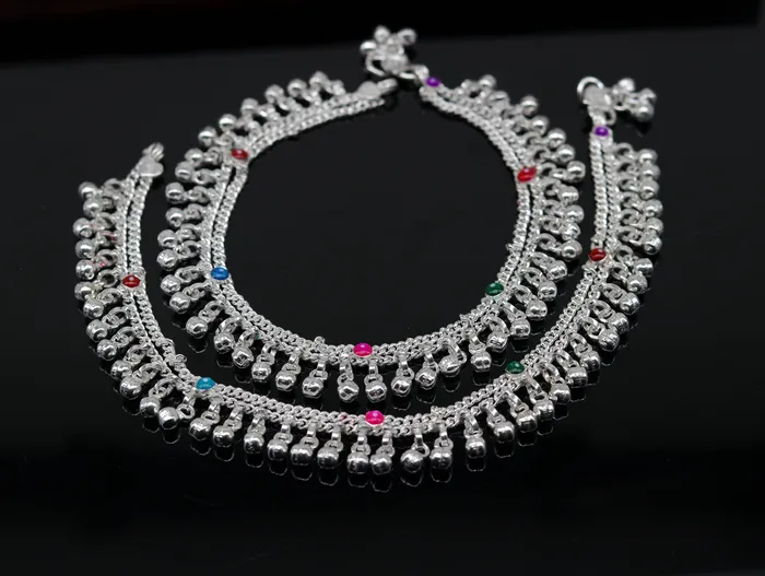 TRIBAL ORNAMENTS Bracelets 10 Sterling silver handmade double chain anklets bracelet best jingling noisy ankles feet bracelet charm belly dance jewelry india ank259