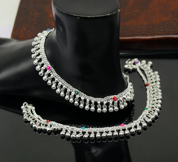 TRIBAL ORNAMENTS Bracelets 10 Sterling silver handmade double chain anklets bracelet best jingling noisy ankles feet bracelet charm belly dance jewelry india ank259