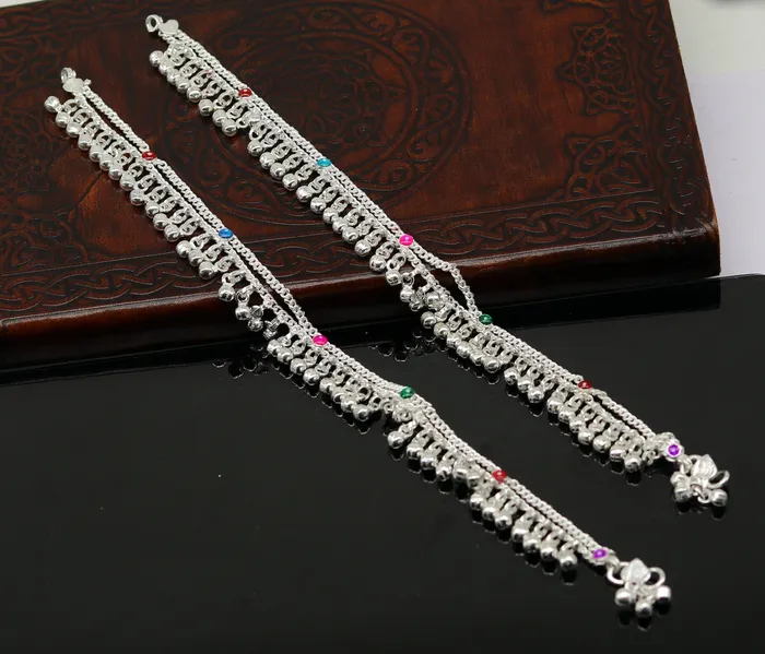 TRIBAL ORNAMENTS Bracelets 10 Sterling silver handmade double chain anklets bracelet best jingling noisy ankles feet bracelet charm belly dance jewelry india ank259