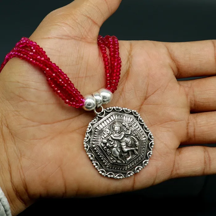 TRIBAL ORNAMENTS Necklaces 925 sterling silver handmade Gorgeous red agate stone beads string Krishna pendant adjustable necklace tribal ethnic temple jewelry set196