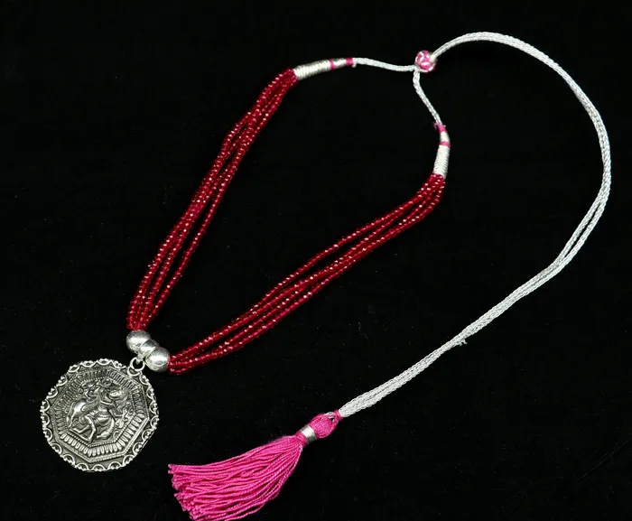 TRIBAL ORNAMENTS Necklaces 925 sterling silver handmade Gorgeous red agate stone beads string Krishna pendant adjustable necklace tribal ethnic temple jewelry set196