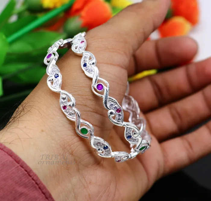 TRIBAL ORNAMENTS Rings 925 sterling silver handmade gorgeous multicolor stone stone stylish bangle excellent brides Wedding tribal personalized jewelry ba166