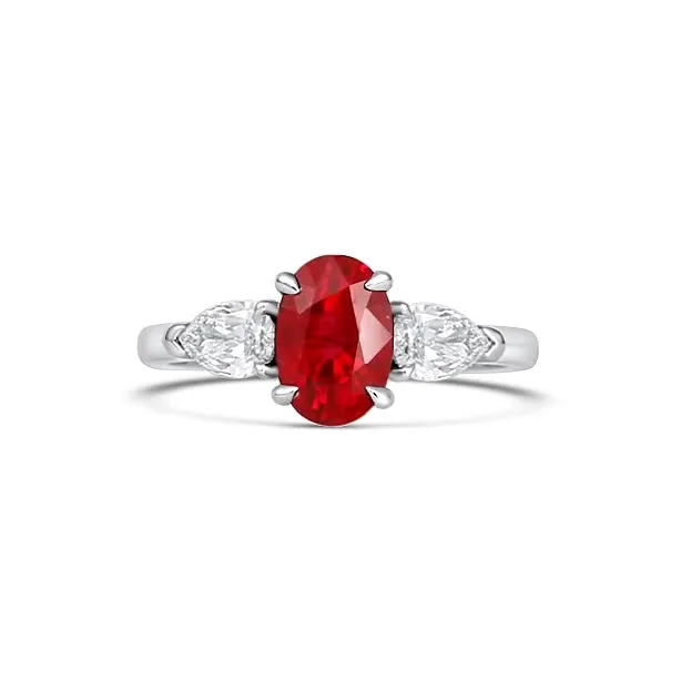 18K White Gold Oval Ruby Ring with Pear Diamond Sides Meierotto Jewelers Rings