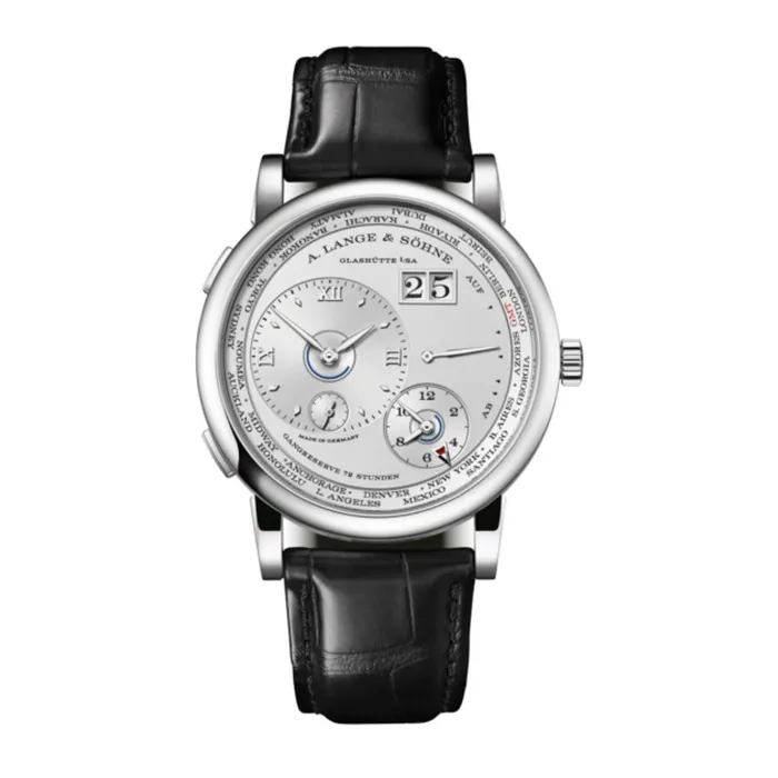 A Lange Shne Watches A Lange Sohne Lange 1 Time Zone 419mm Watch Ref 136025 Silver Perpetual Calendar Dial in Platinum Case Black Alligator Leather A Lange Shne Watches A Lange Sohne Lange 1 Time Zone 419mm Watch Ref 136025 Silver Perpetual Calendar Dial in Platinum Case Black Alligator Leather