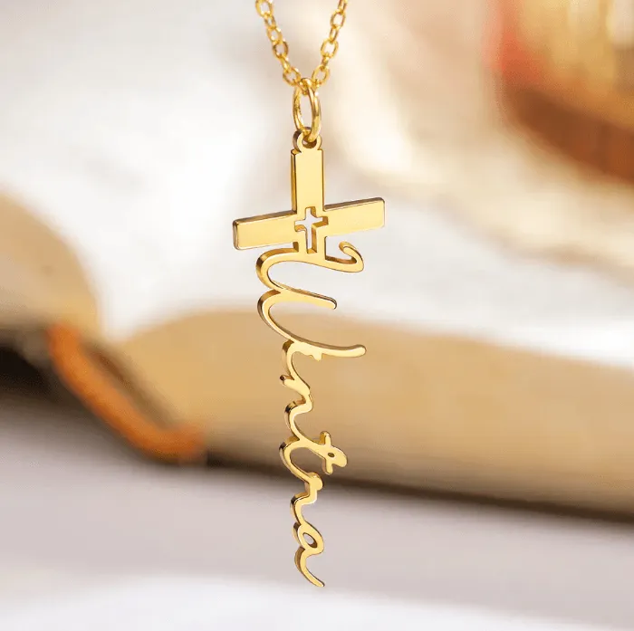 Belbren Custom Cross Name Necklace Personalized Baptism Christening and First Communion Gifts Elegant Crucifix Jewelry for Church Celebrations Necklaces