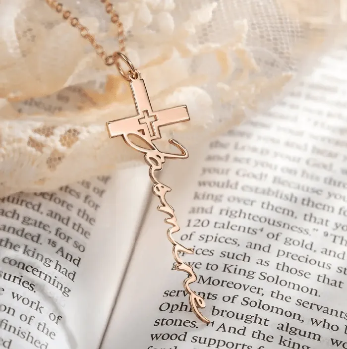 Belbren Custom Cross Name Necklace Personalized Baptism Christening and First Communion Gifts Elegant Crucifix Jewelry for Church Celebrations Necklaces
