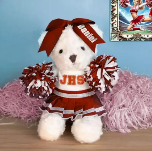 Belbren Necklaces Custom Cheerleading Teddy Bear Personalized Plush Mascot with Name PomPoms School Spirit Gift for Girls Teams Coaches