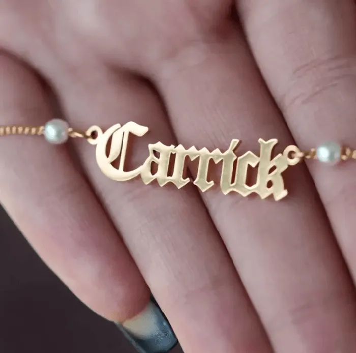 Belbren Necklaces Personalized Freshwater Pearls Name Necklace with Old English Font Custom Gothic Jewelry Gift