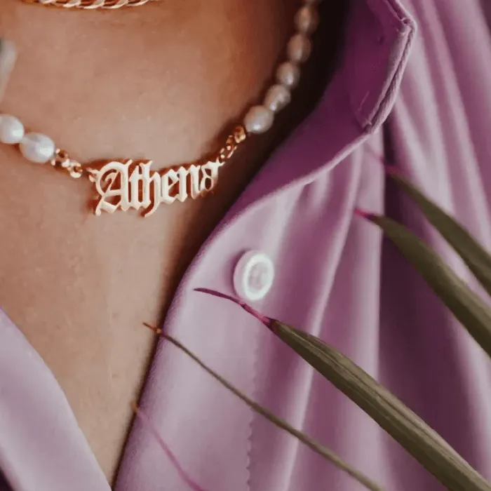 Belbren Necklaces Personalized Freshwater Pearls Name Necklace with Old English Font Custom Gothic Jewelry Gift