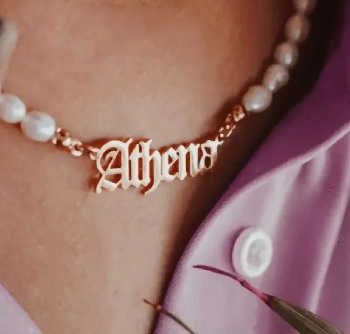 Belbren Necklaces Personalized Freshwater Pearls Name Necklace with Old English Font Custom Gothic Jewelry Gift