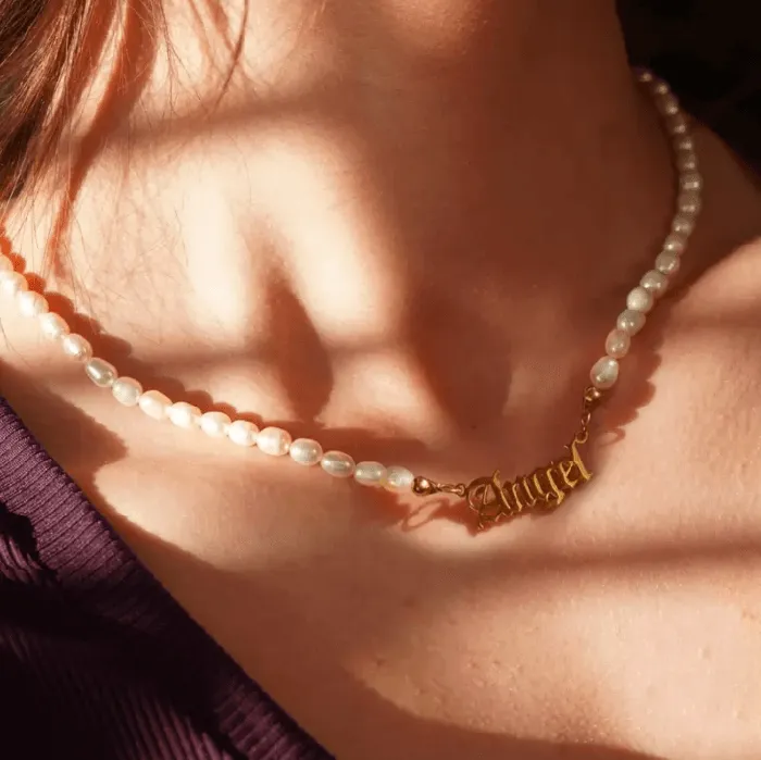 Belbren Necklaces Personalized Freshwater Pearls Name Necklace with Old English Font Custom Gothic Jewelry Gift