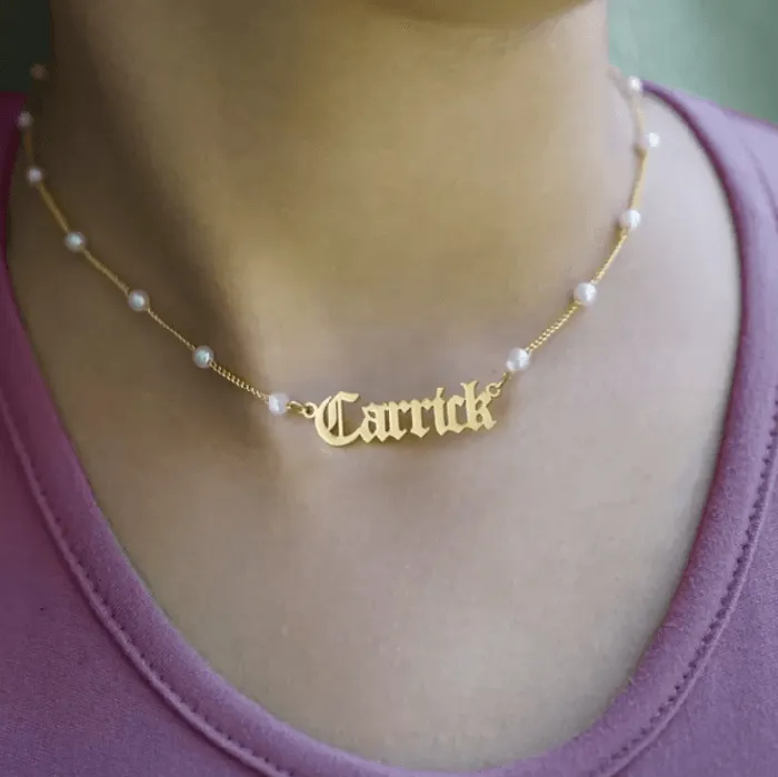 Belbren Necklaces Personalized Freshwater Pearls Name Necklace with Old English Font Custom Gothic Jewelry Gift