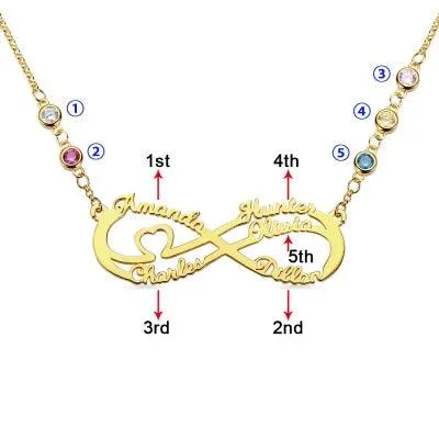 Belbren Personalized 5 Names Infinity Necklace with Birthstone Necklaces