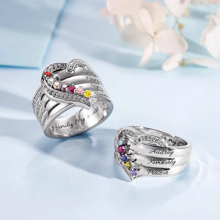 Belbren Rings Personalized 925 Sterling Silver Family Birthstone Ring with Custom Engravings Available in Silver Gold and Rose Gold Belbren Rings Personalized 925 Sterling Silver Family Birthstone Ring with Custom Engravings Available in Silver Gold and Rose Gold