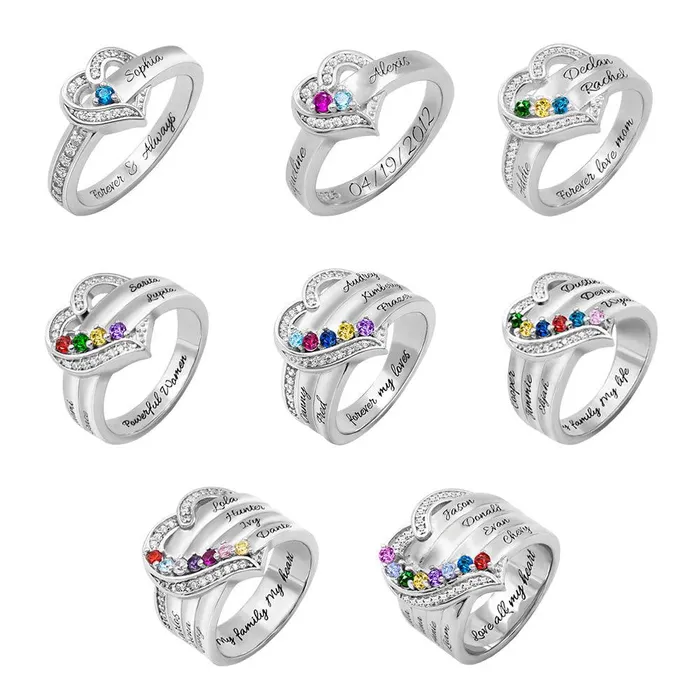 Belbren Rings Personalized 925 Sterling Silver Family Birthstone Ring with Custom Engravings Available in Silver Gold and Rose Gold