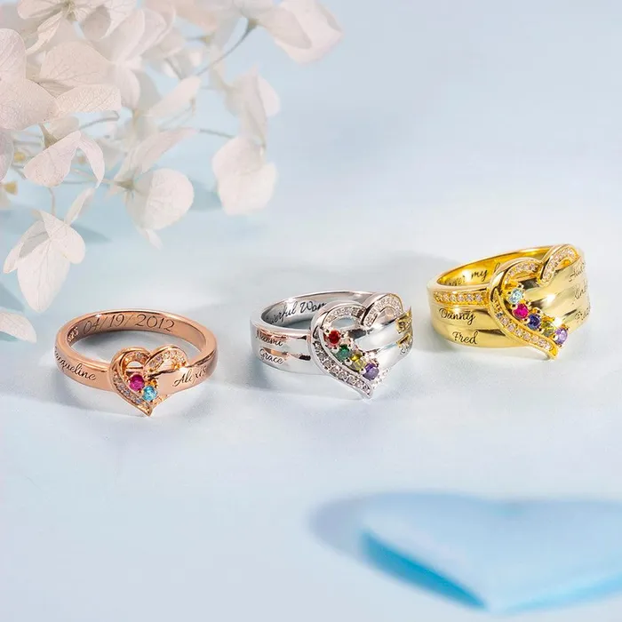 Belbren Rings Personalized 925 Sterling Silver Family Birthstone Ring with Custom Engravings Available in Silver Gold and Rose Gold