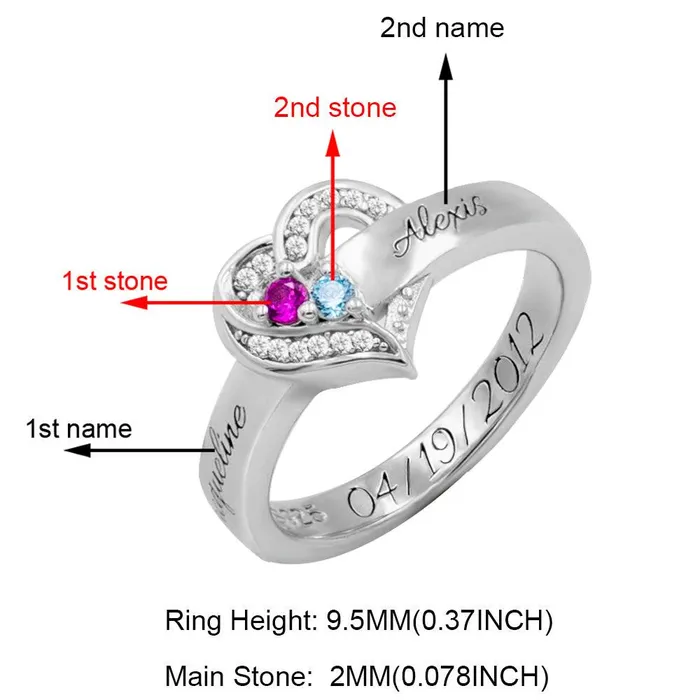 Belbren Rings Personalized 925 Sterling Silver Family Birthstone Ring with Custom Engravings Available in Silver Gold and Rose Gold