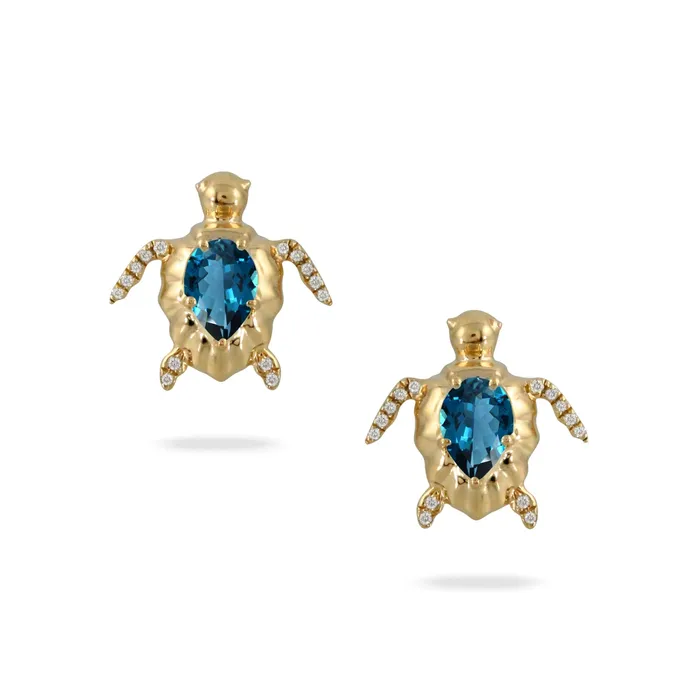 Blue Topaz Diamond 18K Gold Sea Turtle Stud Earrings Croghans Earrings Blue Topaz Diamond 18K Gold Sea Turtle Stud Earrings Croghans Earrings