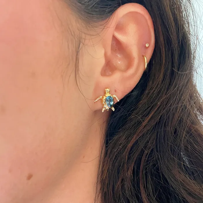 Blue Topaz Diamond 18K Gold Sea Turtle Stud Earrings Croghans Earrings