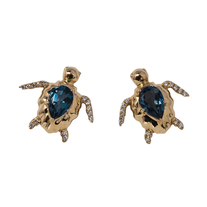 Blue Topaz Diamond 18K Gold Sea Turtle Stud Earrings Croghans Earrings