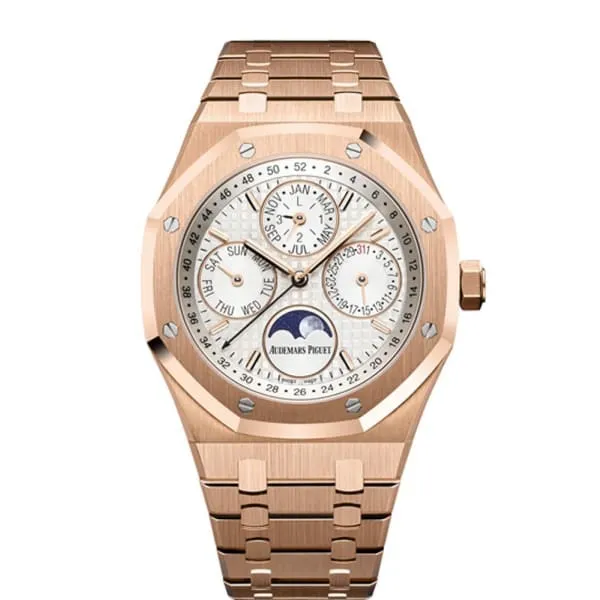 Bracelets Audemars Piguet Audemars Piguet Royal Oak Perpetual Calendar 41mm Mens Watch Ref 26574OROO1220OR01 Silver Moonphase Dial 18K Rose Gold Bracelet Bracelets Audemars Piguet Audemars Piguet Royal Oak Perpetual Calendar 41mm Mens Watch Ref 26574OROO1220OR01 Silver Moonphase Dial 18K Rose Gold Bracelet