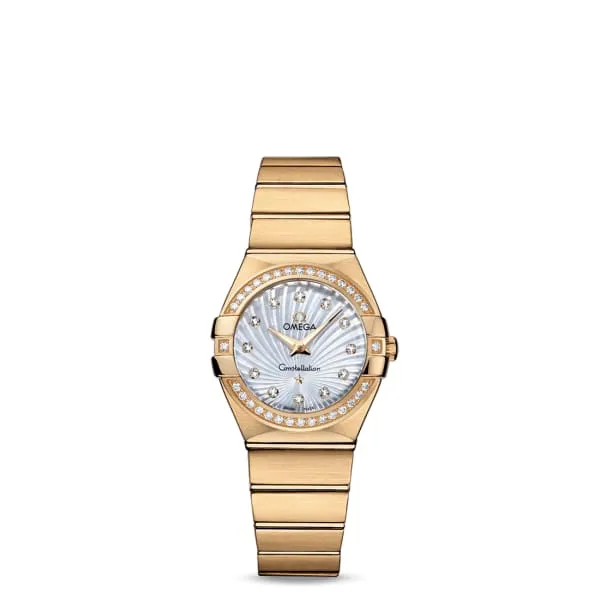 Bracelets Omega Omega Constellation 27mm Watch Ref 12355276055003 White Mother of Pearl Diamond Index Dial Diamond Bezel 18K Yellow Gold Bracelet Bracelets Omega Omega Constellation 27mm Watch Ref 12355276055003 White Mother of Pearl Diamond Index Dial Diamond Bezel 18K Yellow Gold Bracelet