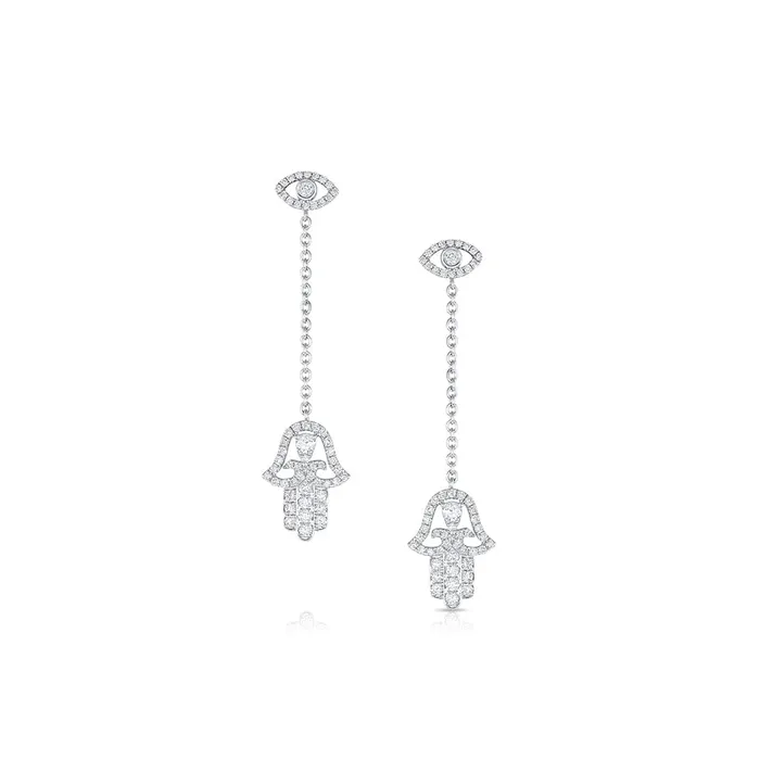 CJ Charles Jewelers Earrings 18KT WHITE GOLD DIAMOND DANGLE EVIL EYE AND HAMSA EARRINGS CJ Charles Jewelers Earrings 18KT WHITE GOLD DIAMOND DANGLE EVIL EYE AND HAMSA EARRINGS