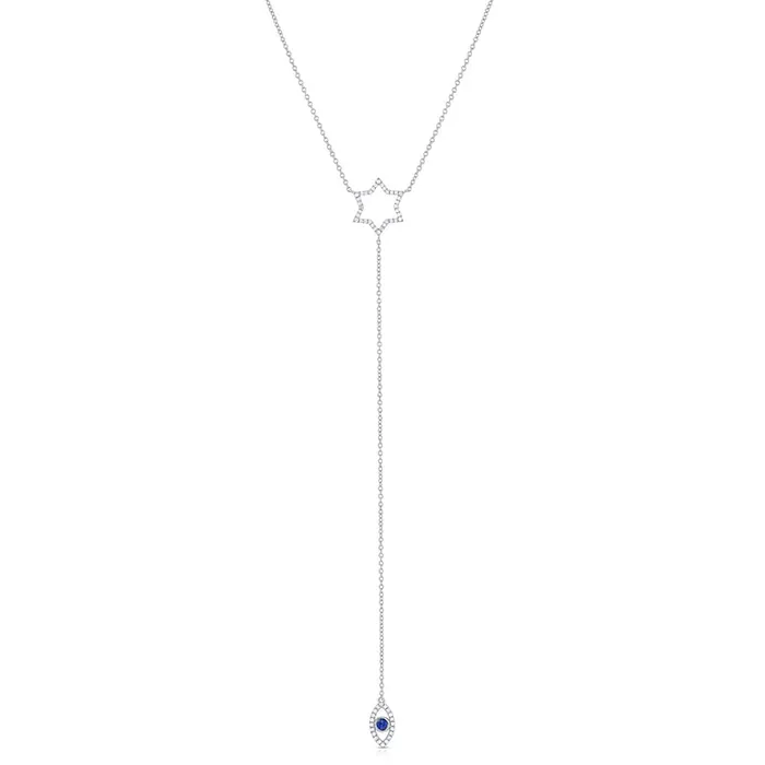 CJ Charles Jewelers Necklaces 18K White Gold Diamond and Sapphire Star of David Evil Eye Pendant Necklace CJ Charles Jewelers Necklaces 18K White Gold Diamond and Sapphire Star of David Evil Eye Pendant Necklace