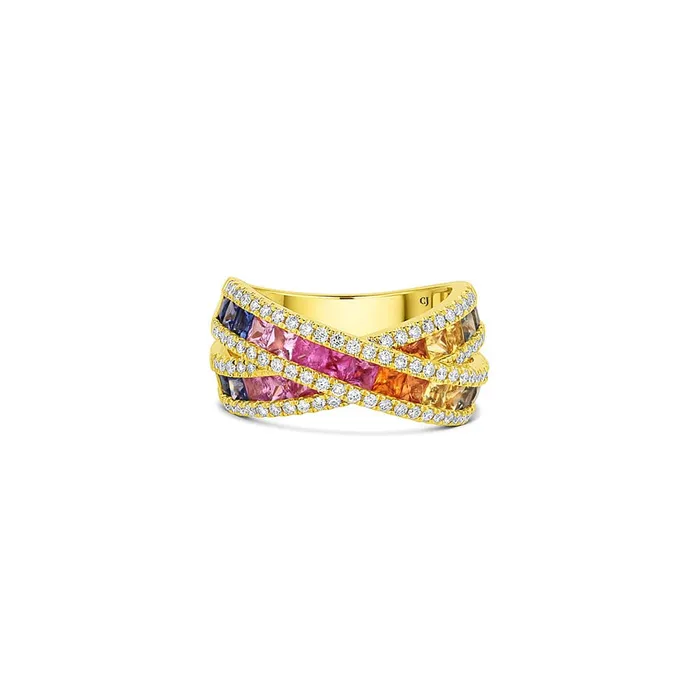 CJ Charles Jewelers Rings 18kt Yellow Gold Rainbow Sapphire Diamond X Overlap Ring CJ Charles Jewelers Rings 18kt Yellow Gold Rainbow Sapphire Diamond X Overlap Ring