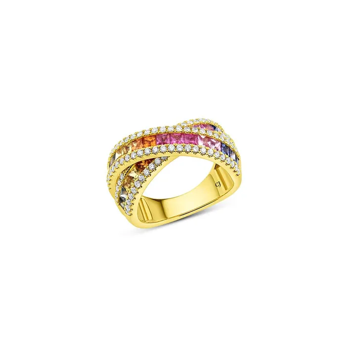 CJ Charles Jewelers Rings 18kt Yellow Gold Rainbow Sapphire Diamond X Overlap Ring CJ Charles Jewelers Rings 18kt Yellow Gold Rainbow Sapphire Diamond X Overlap Ring