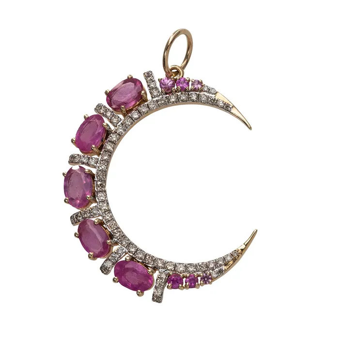 Croghans Pink Sapphire Diamond 14K Yellow Gold Crescent Pendant Necklaces