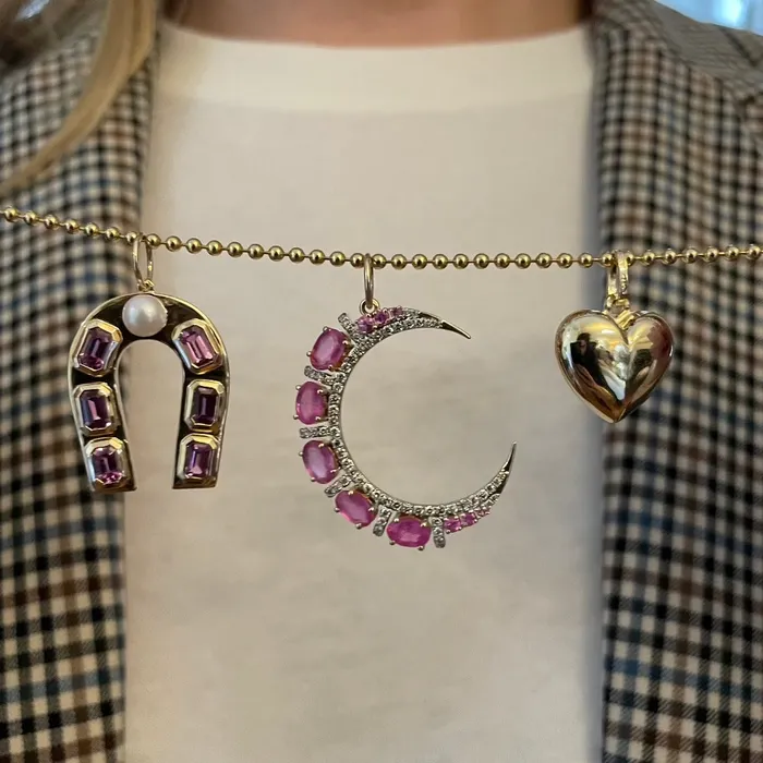 Croghans Pink Sapphire Diamond 14K Yellow Gold Crescent Pendant Necklaces