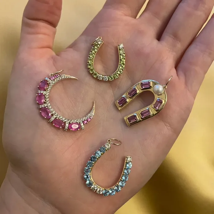 Croghans Pink Sapphire Diamond 14K Yellow Gold Crescent Pendant Necklaces