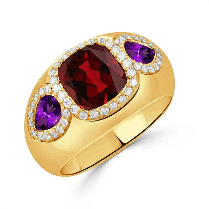 Doves Rings Doves 18K Yellow Gold Cushion Garnet Ring with Pear Amethyst Sides and Diamond Halo Doves Rings Doves 18K Yellow Gold Cushion Garnet Ring with Pear Amethyst Sides and Diamond Halo