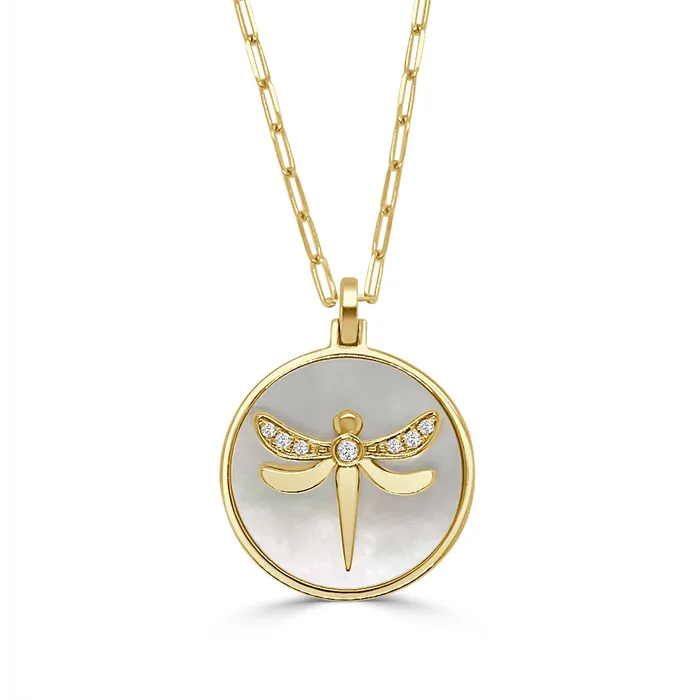 Frederic Sage Frederic Sage 14K Yellow Gold Dragonfly Pendant with Mother of Pearl and Diamonds on Paperclip Chain Necklace Necklaces