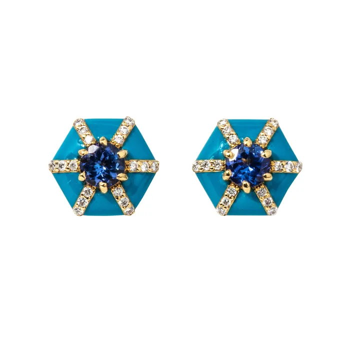 Goshwara Earrings Goshwara Tanzanite Turquoise Enamel 18K Gold Hexagon Stud Earrings Goshwara Earrings Goshwara Tanzanite Turquoise Enamel 18K Gold Hexagon Stud Earrings