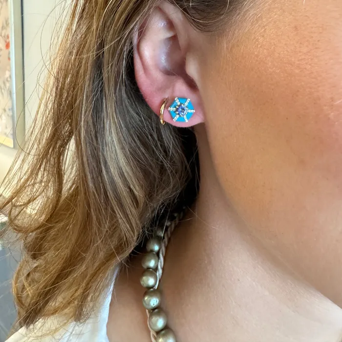 Goshwara Earrings Goshwara Tanzanite Turquoise Enamel 18K Gold Hexagon Stud Earrings
