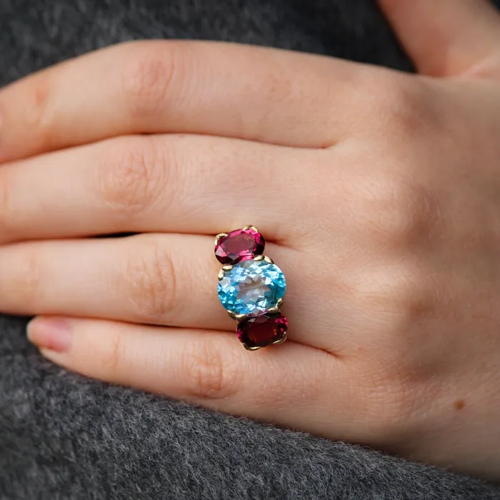 Mini Collection Rings Blue Topaz Pink Tourmaline 14K Gold River Ring