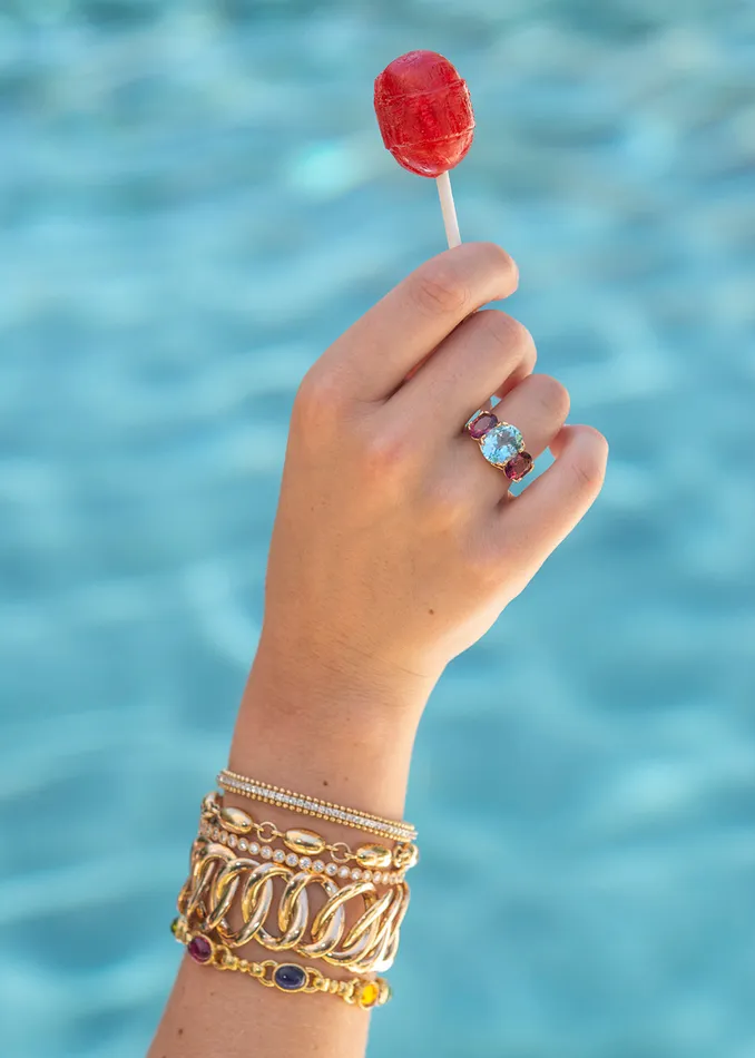Mini Collection Rings Blue Topaz Pink Tourmaline 14K Gold River Ring